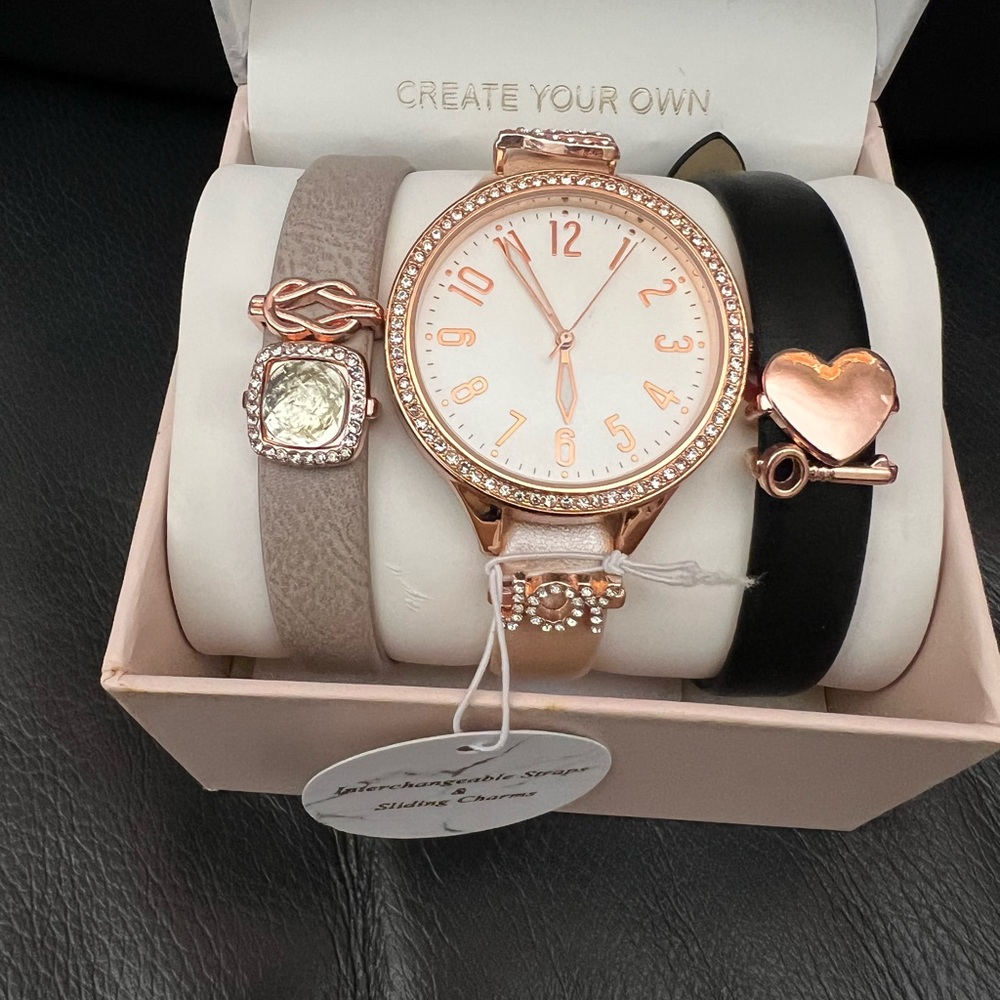 Gold and Tan Watch with Crystal Embellishments